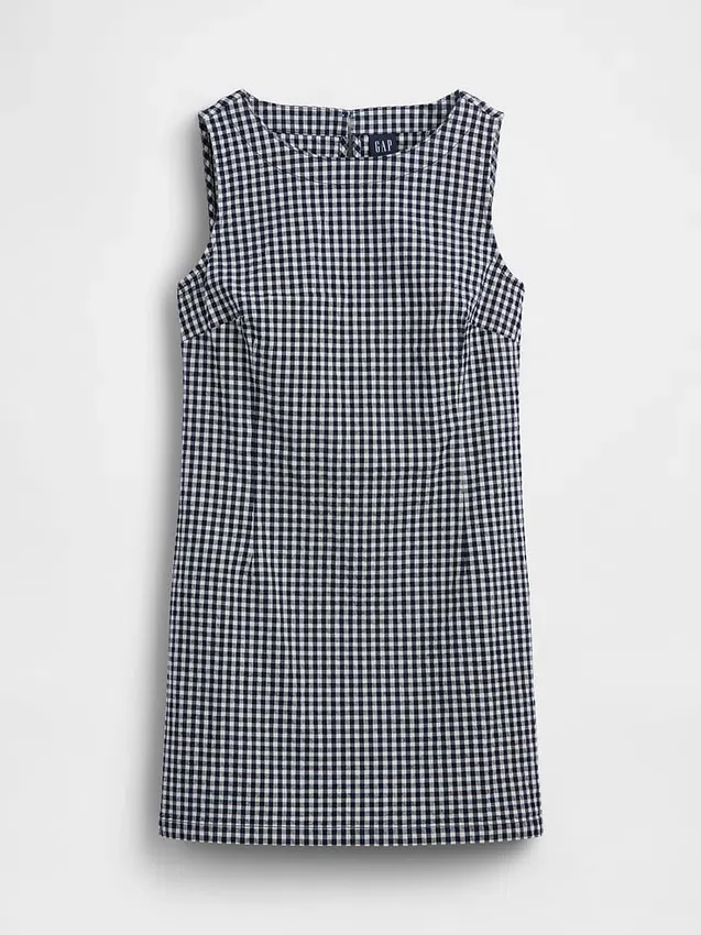 Gingham Denim Düz Kesim Mini Elbise