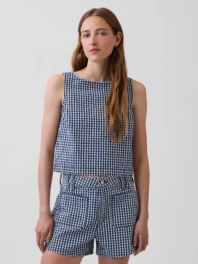 Gingham Desenli Denim Krop Tank Top