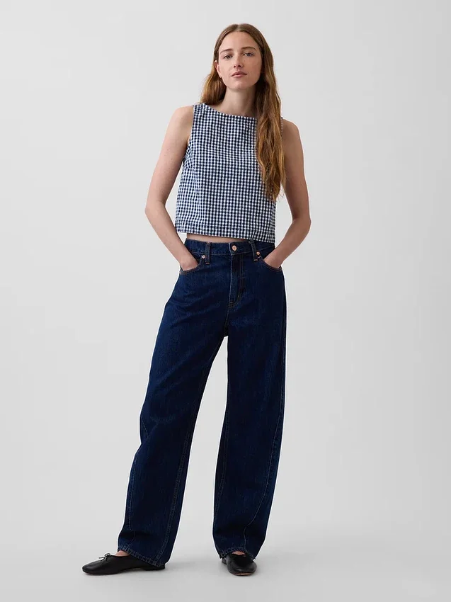 Gingham Desenli Denim Krop Tank Top