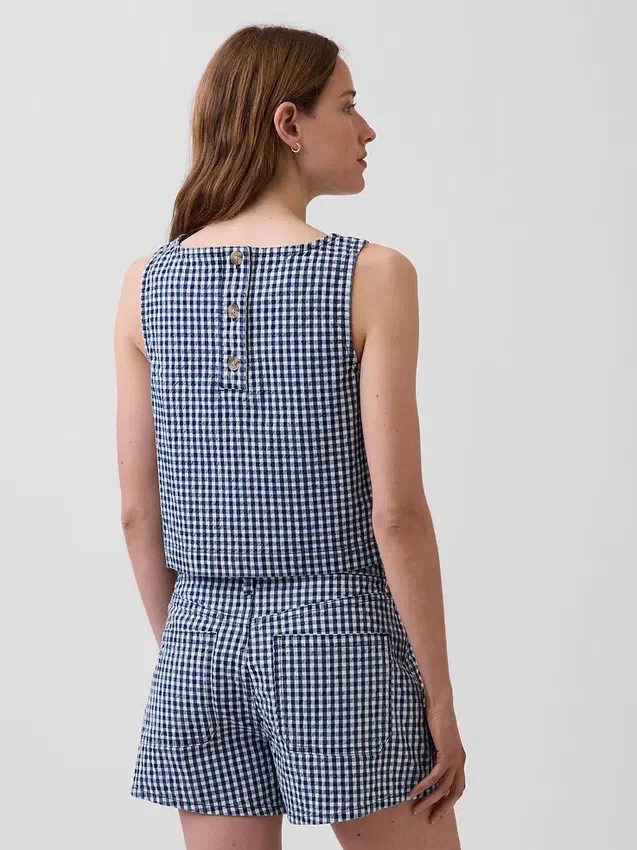 Gingham Desenli Denim Krop Tank Top