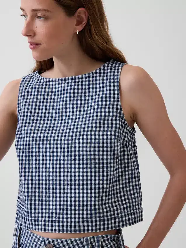 Gingham Desenli Denim Krop Tank Top