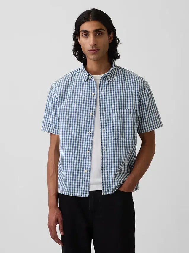 Gingham Desenli Denim Rahat Düz Etek Ucu Gömlek