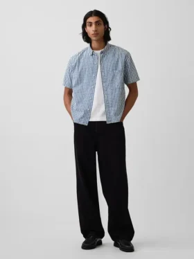 Gingham Desenli Denim Rahat Düz Etek Ucu Gömlek