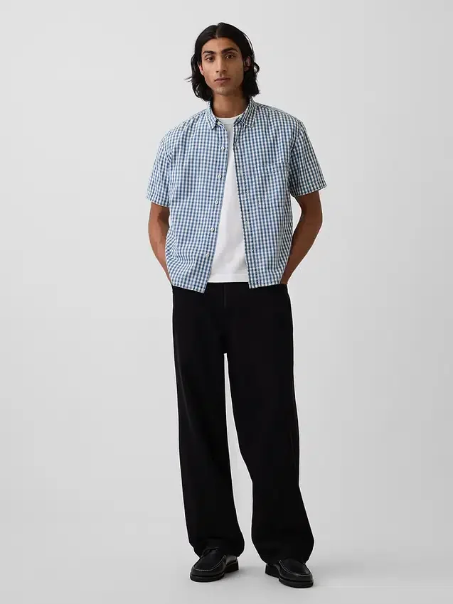 Gingham Desenli Denim Rahat Düz Etek Ucu Gömlek