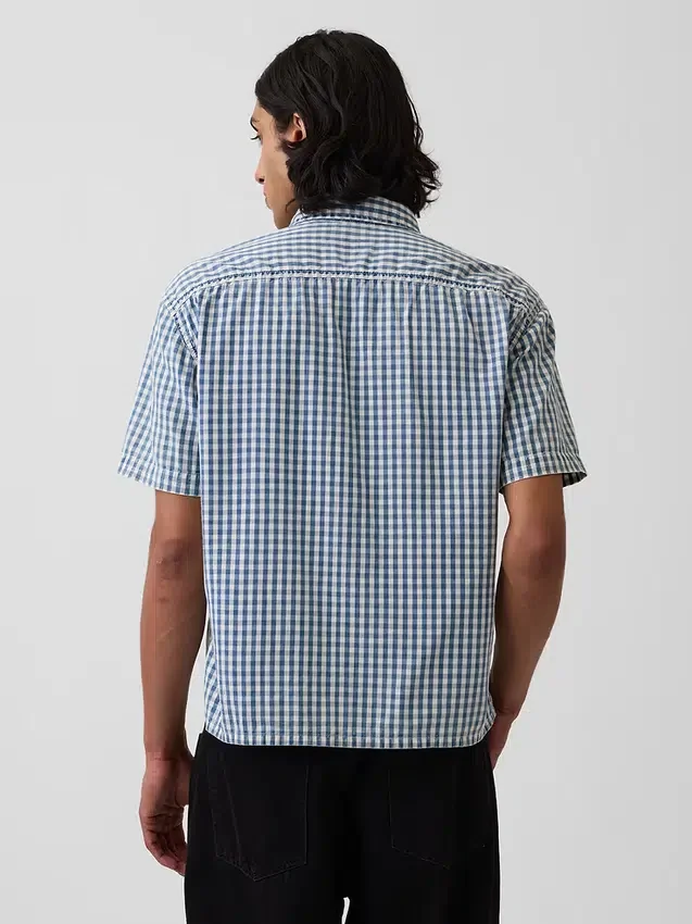 Gingham Desenli Denim Rahat Düz Etek Ucu Gömlek