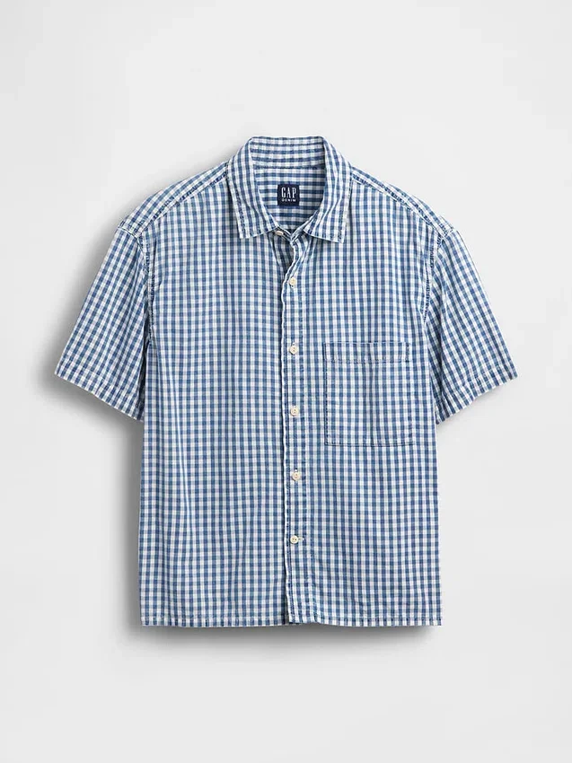 Gingham Desenli Denim Rahat Düz Etek Ucu Gömlek