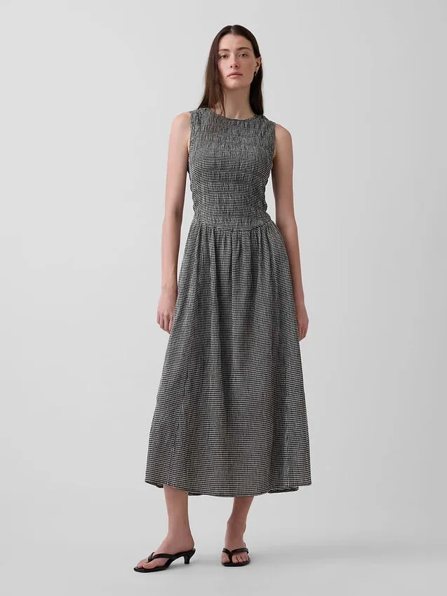 Gingham Desenli Smoklu Düşük Bel Maxi Elbise