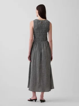 Gingham Desenli Smoklu Düşük Bel Maxi Elbise