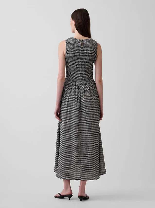 Gingham Desenli Smoklu Düşük Bel Maxi Elbise