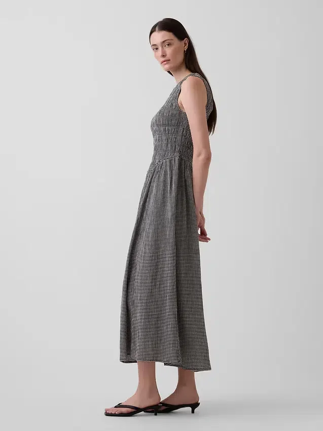 Gingham Desenli Smoklu Düşük Bel Maxi Elbise