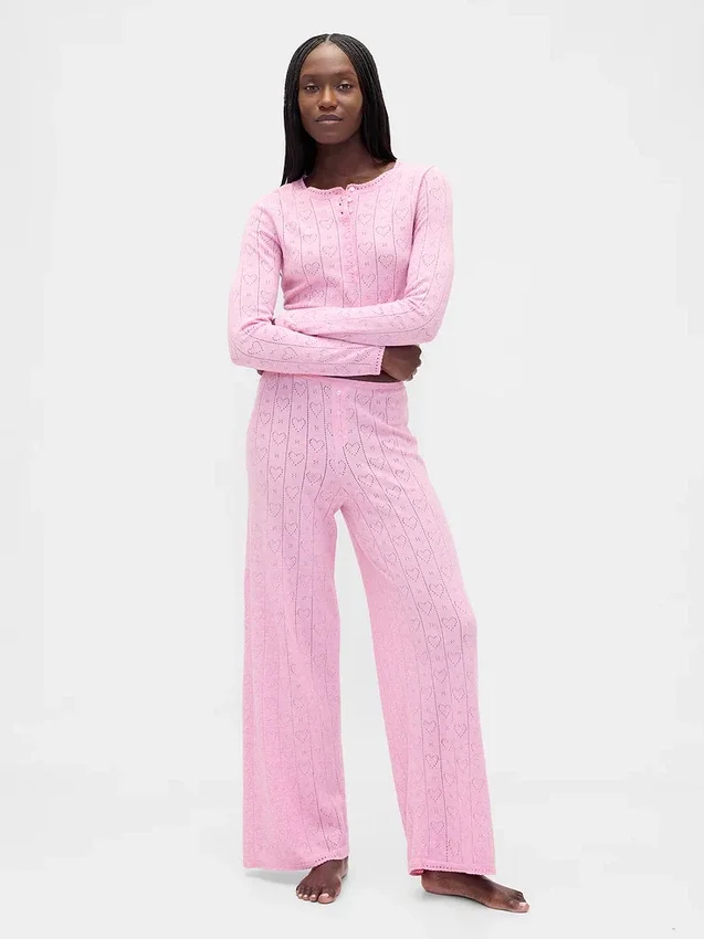 Hafif CashSoft Pointelle Kalp Desenli Pijama Pantolonları