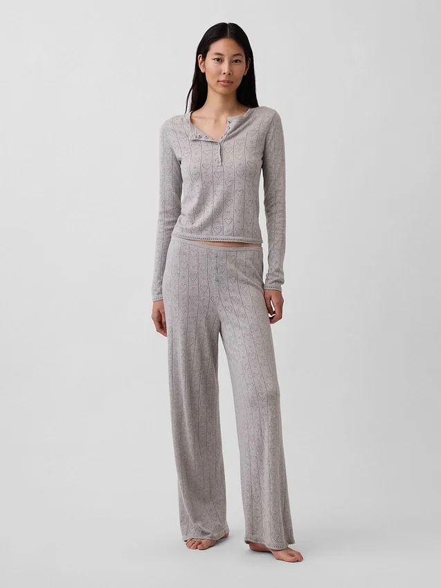 Hafif CashSoft Pointelle Kalp Desenli Pijama Pantolonları