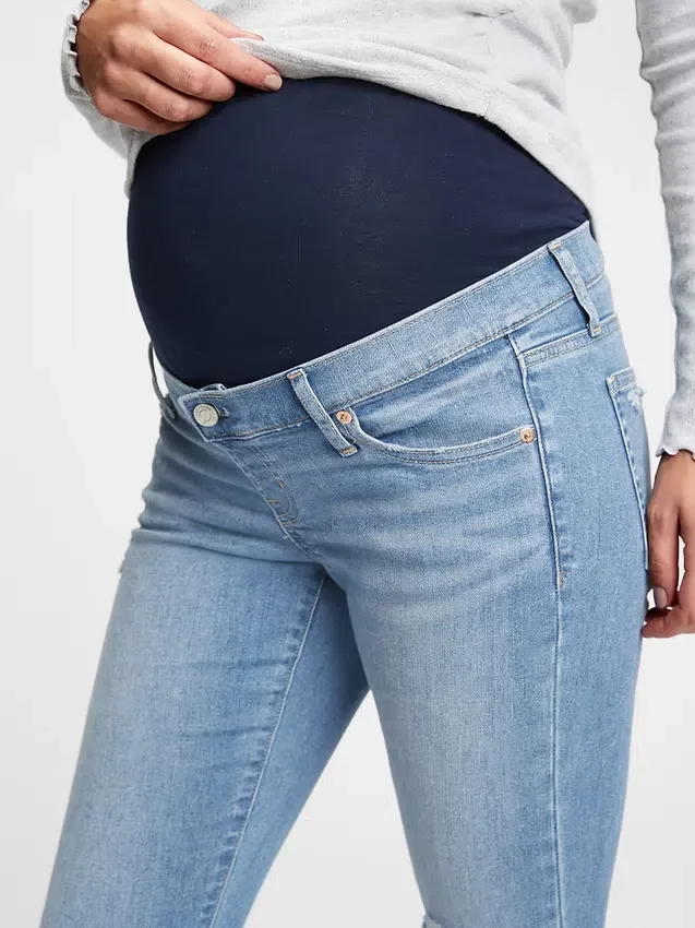 Hamile Giyim Gerçek Bel Bandı Tam Panel Yıpranmış Skinny Ayak Bileği Jean'ler