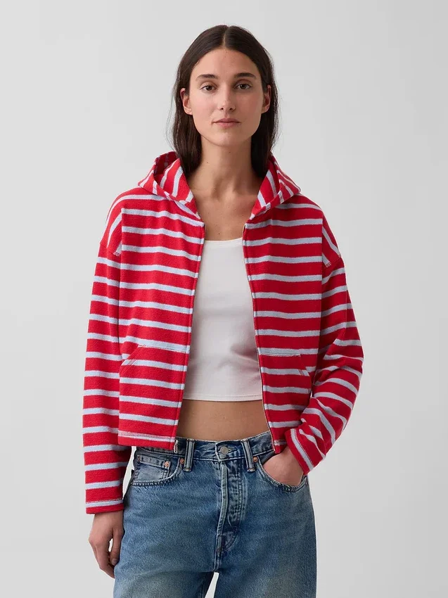 Havlu Teri Oversized Çizgili Fermuarlı Kapüşonlu Sweatshirt