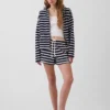 Havlu Teri Oversized Çizgili Fermuarlı Kapüşonlu Sweatshirt