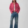 Havlu Teri Oversized Çizgili Fermuarlı Kapüşonlu Sweatshirt