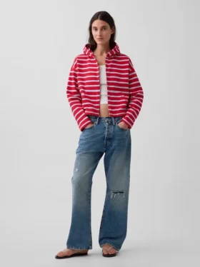 Havlu Teri Oversized Çizgili Fermuarlı Kapüşonlu Sweatshirt