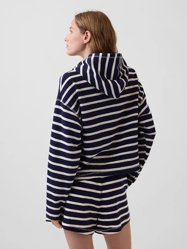 Havlu Teri Oversized Çizgili Fermuarlı Kapüşonlu Sweatshirt