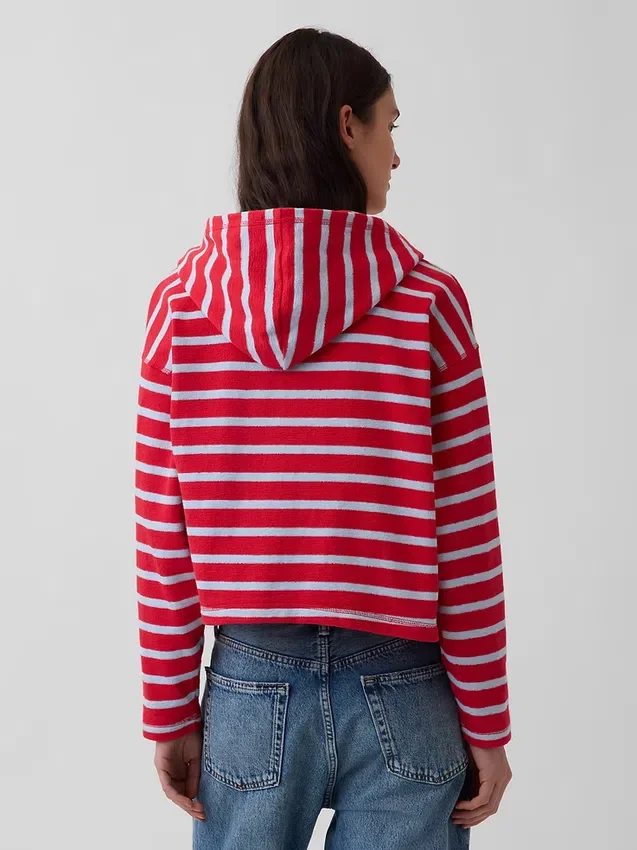Havlu Teri Oversized Çizgili Fermuarlı Kapüşonlu Sweatshirt