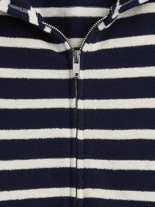 Havlu Teri Oversized Çizgili Fermuarlı Kapüşonlu Sweatshirt