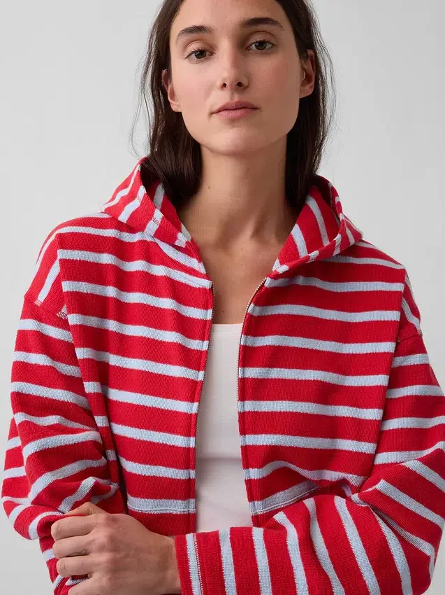 Havlu Teri Oversized Çizgili Fermuarlı Kapüşonlu Sweatshirt