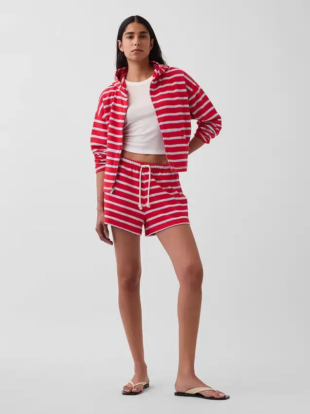 Havlu Teri Oversized Çizgili Fermuarlı Kapüşonlu Sweatshirt