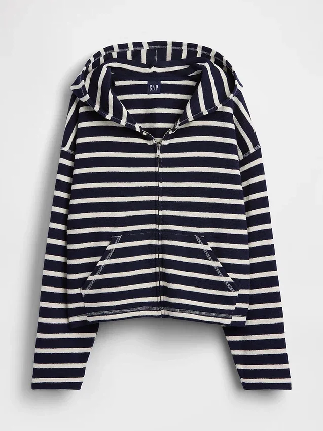 Havlu Teri Oversized Çizgili Fermuarlı Kapüşonlu Sweatshirt