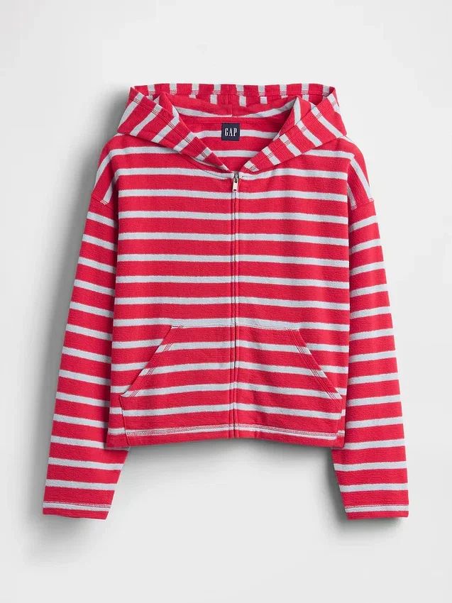 Havlu Teri Oversized Çizgili Fermuarlı Kapüşonlu Sweatshirt