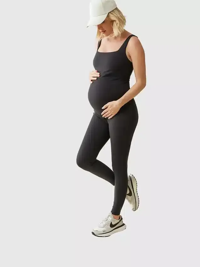 Ingrid and Isabel Uzun Siyah Hamile Giyim Spor Unitard Tulumu
