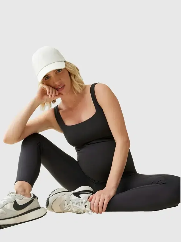 Ingrid and Isabel Uzun Siyah Hamile Giyim Spor Unitard Tulumu