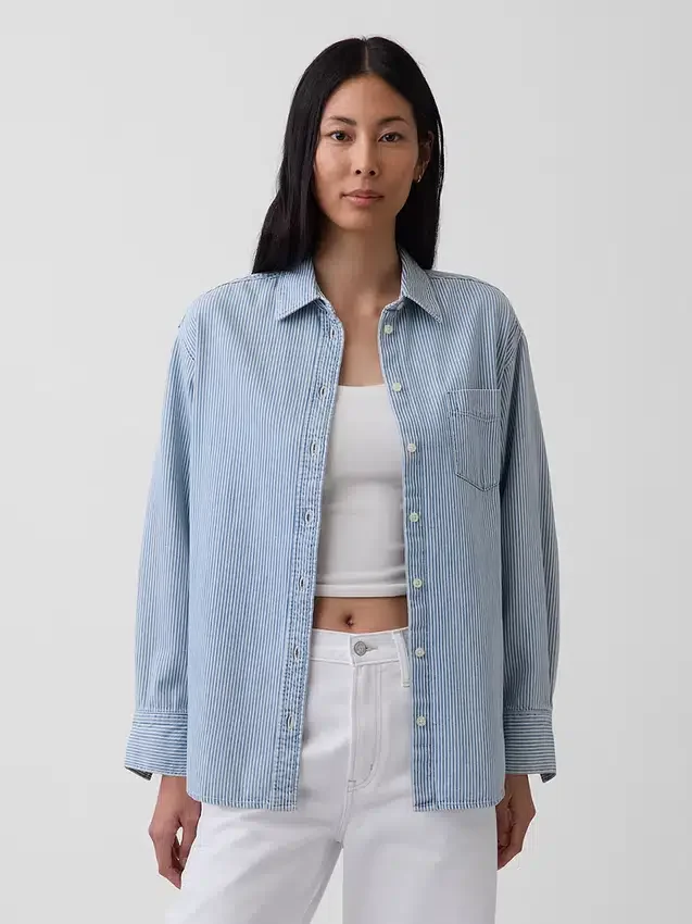 Çizgili Büyük Boy Denim Gömlek