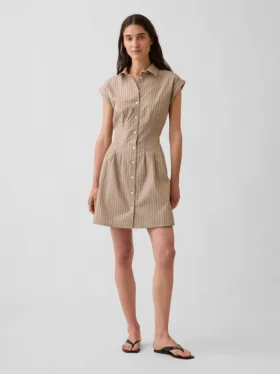 Çizgili Poplin Belden Sıkılaştırmalı Mini Gömlek Elbise