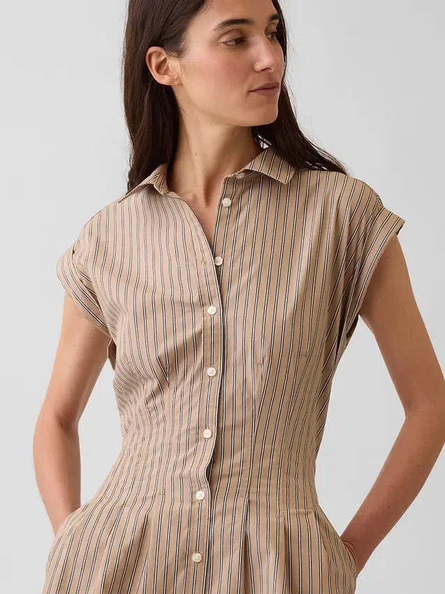 Çizgili Poplin Belden Sıkılaştırmalı Mini Gömlek Elbise