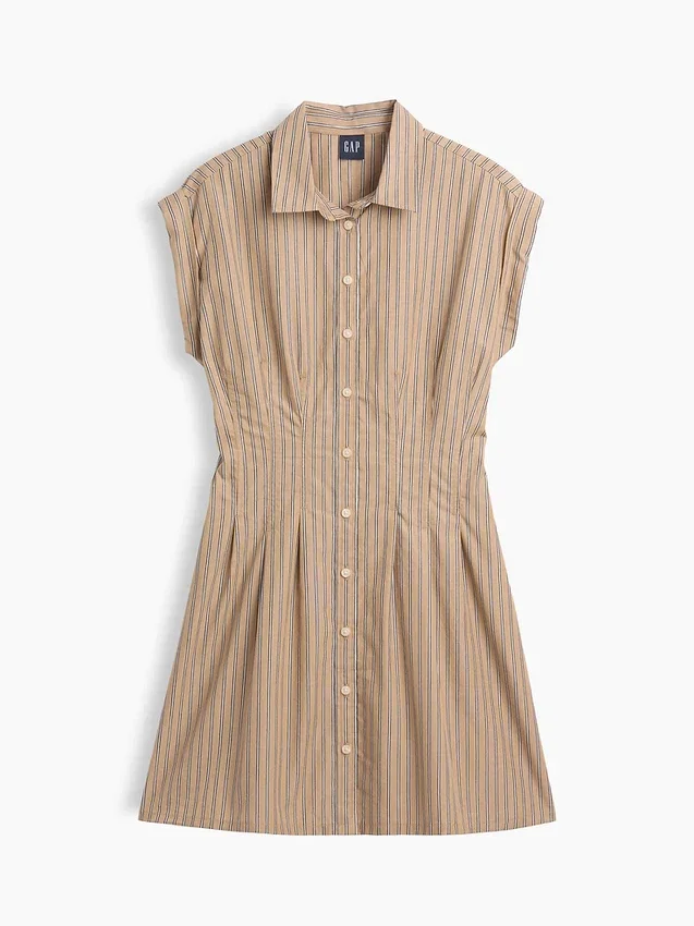 Çizgili Poplin Belden Sıkılaştırmalı Mini Gömlek Elbise