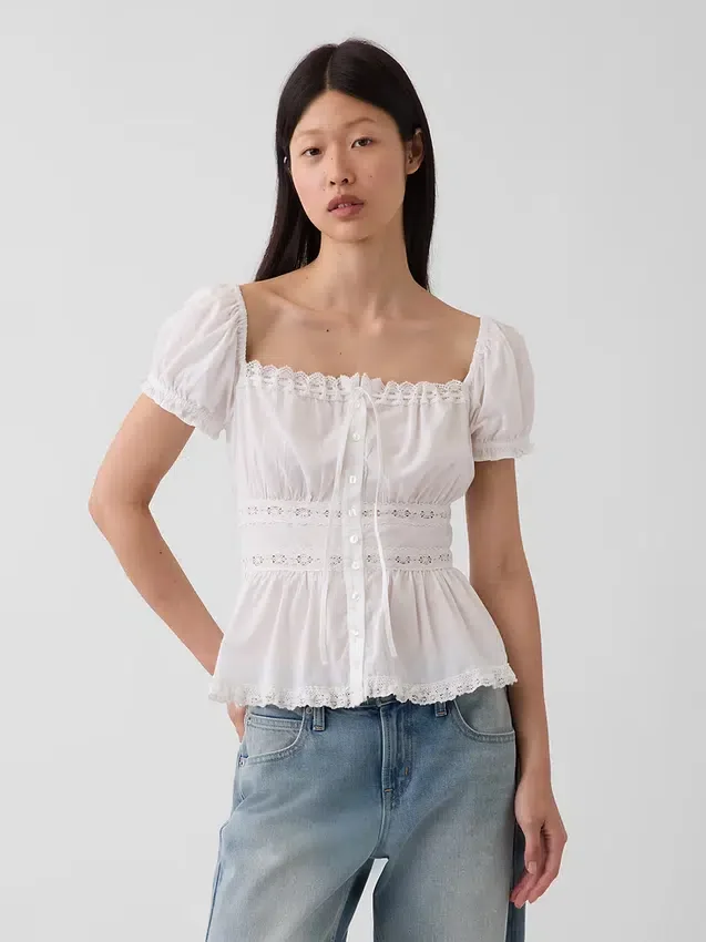 Kare Yaka Dantel Süslemeli Peplum Bluz