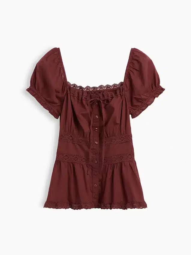 Kare Yaka Dantel Süslemeli Peplum Bluz
