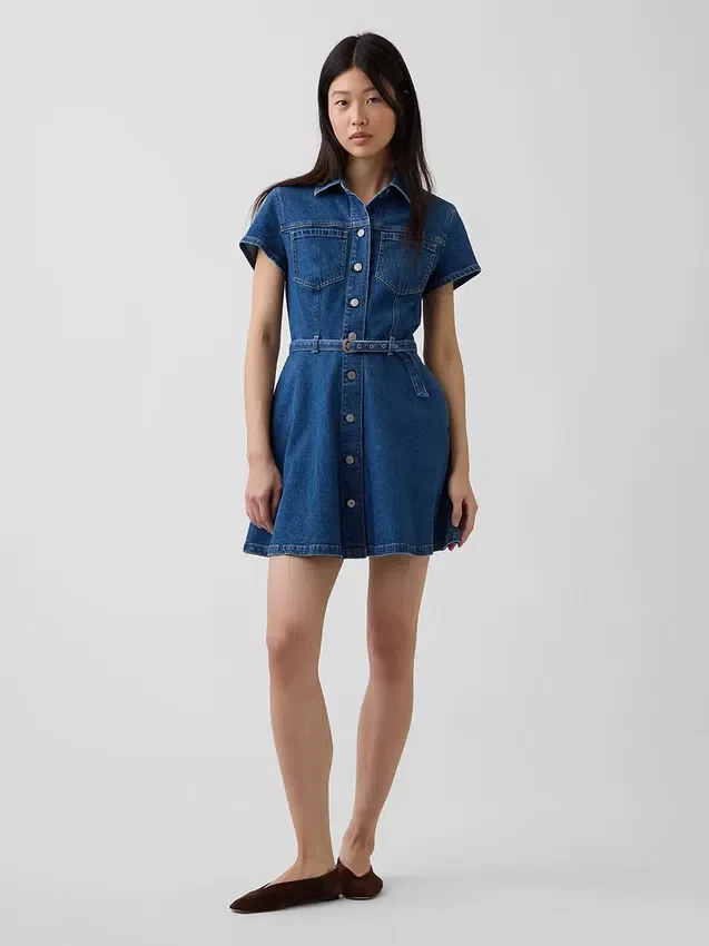 Kemerli Denim Mini Gömlek Elbise