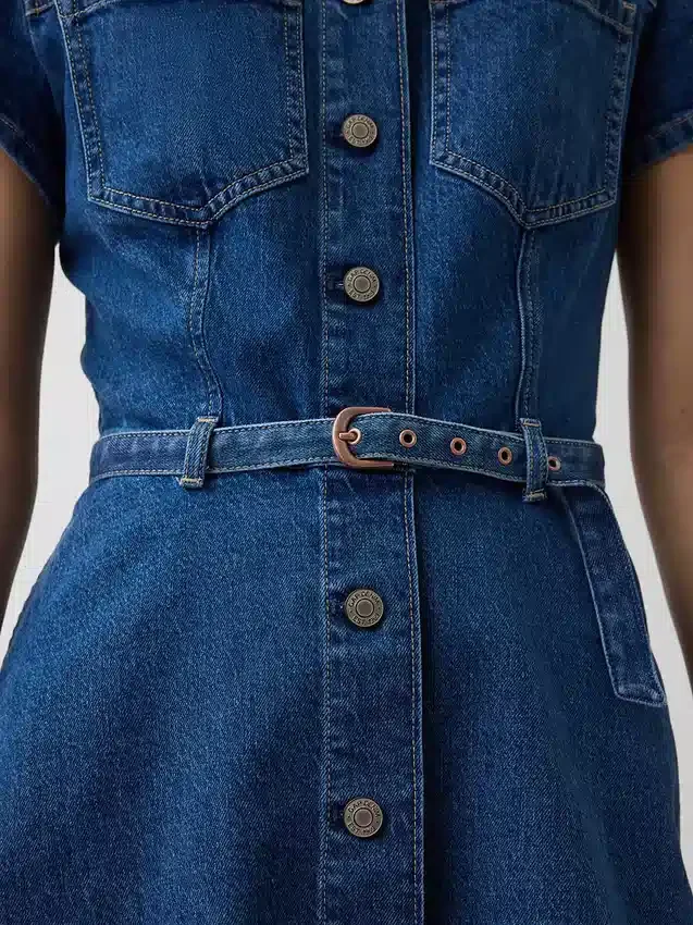 Kemerli Denim Mini Gömlek Elbise
