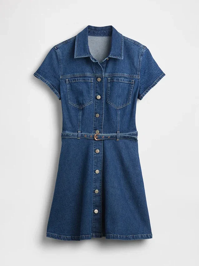 Kemerli Denim Mini Gömlek Elbise