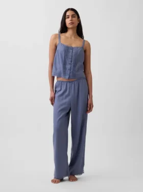 Keten Karışımlı Dantel Kenarlı Pijama Pantolonu