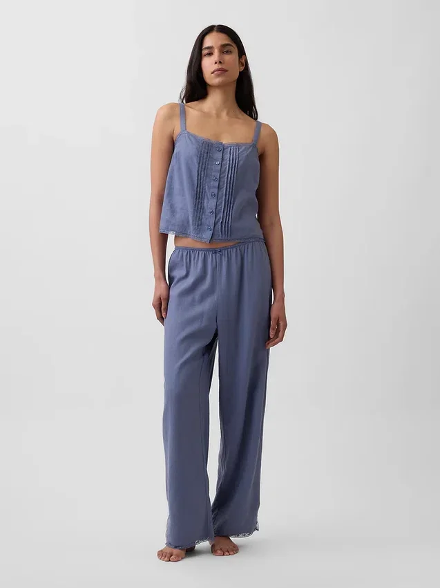 Keten Karışımlı Dantel Kenarlı Pijama Pantolonu