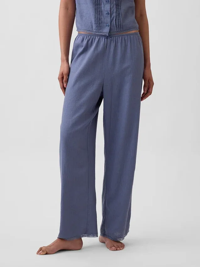 Keten Karışımlı Dantel Kenarlı Pijama Pantolonu