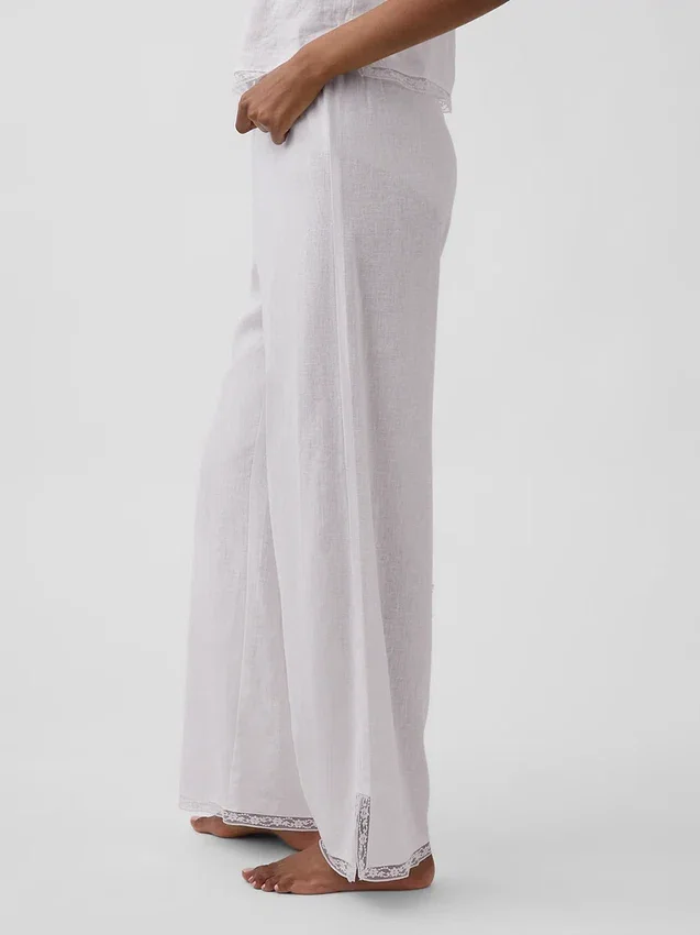 Keten Karışımlı Dantel Kenarlı Pijama Pantolonu