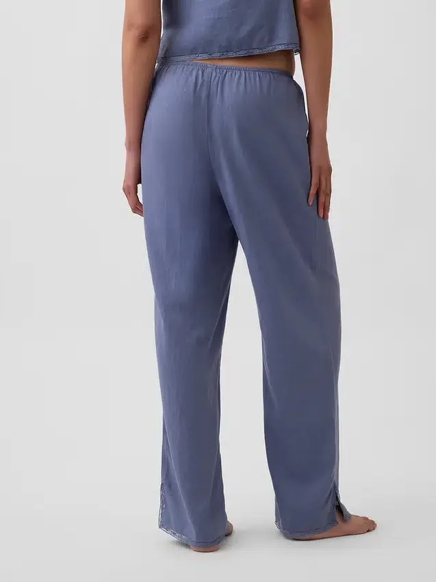 Keten Karışımlı Dantel Kenarlı Pijama Pantolonu