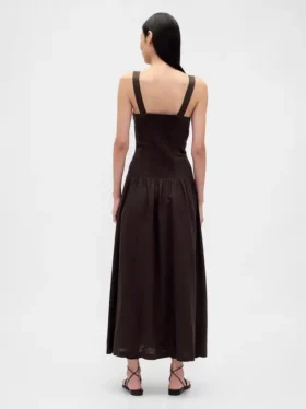 Keten Karışımlı Düşük Bel Korseli Maxi Elbise