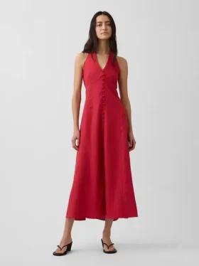 Keten Karışımlı Halter Maxi Elbise