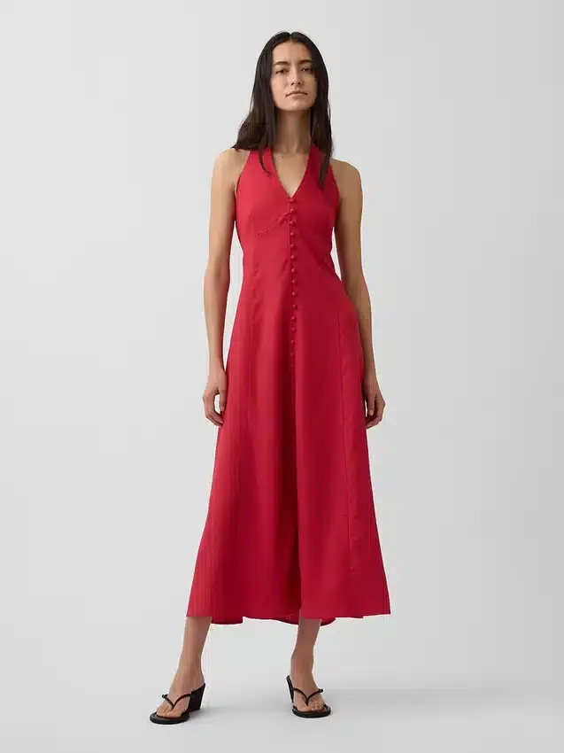 Keten Karışımlı Halter Maxi Elbise