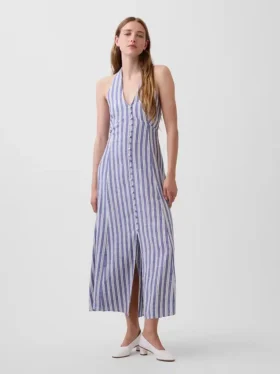 Keten Karışımlı Halter Maxi Elbise