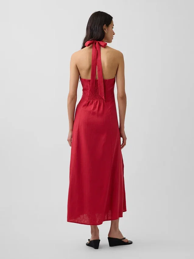 Keten Karışımlı Halter Maxi Elbise