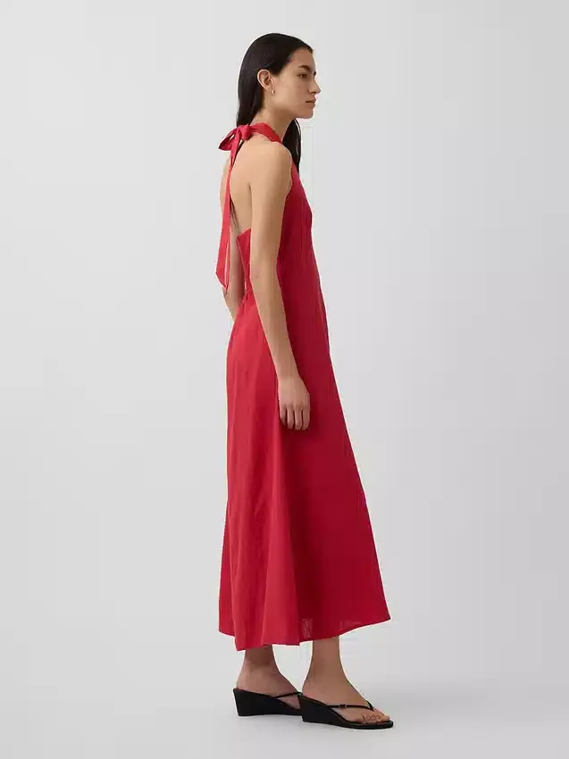 Keten Karışımlı Halter Maxi Elbise
